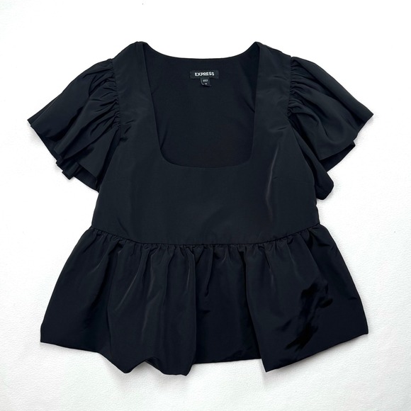Express Black Square Neck Ruffle Sleeve Peplum Babydoll Top Women's XS Blouse - Picture 2 of 5